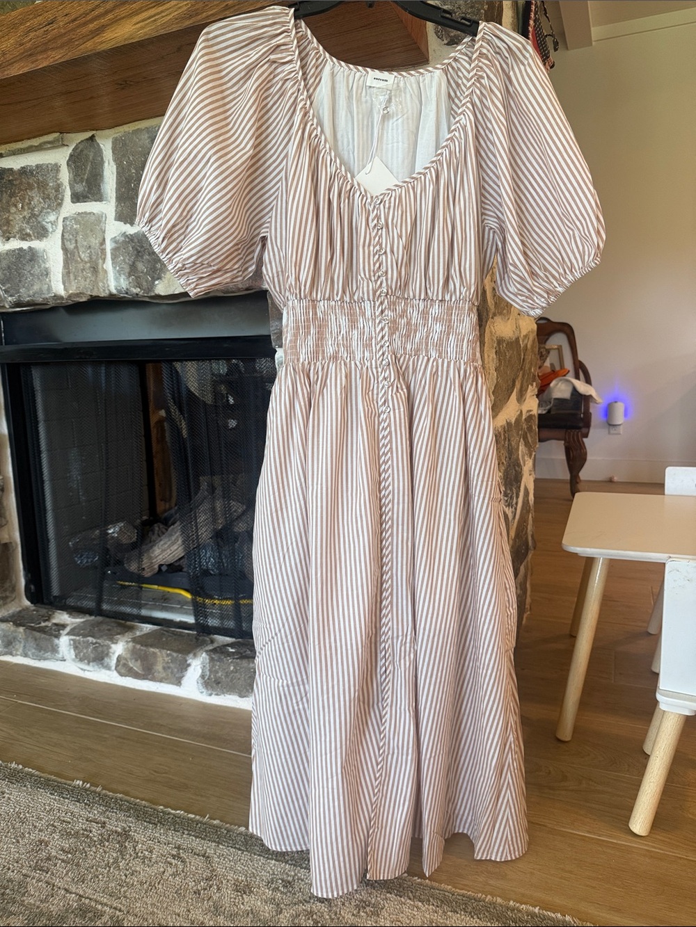 Striped Puff-Sleeve Midi Dress - Blush/White
